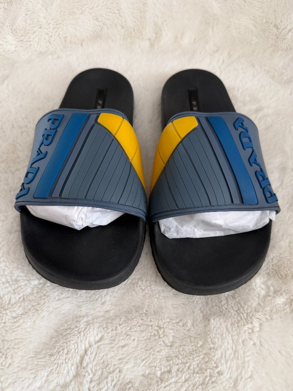 Prada Men's Blue & Yellow Rubber Logo Slides Sandals Size: 12 - Picture 2 of 14